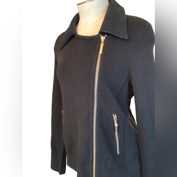 CHICOS SIZE 0 MOTO BLACK KNIT‎ JACKET WITH GOLD ZIPPERS. - Picture 9 of 16
